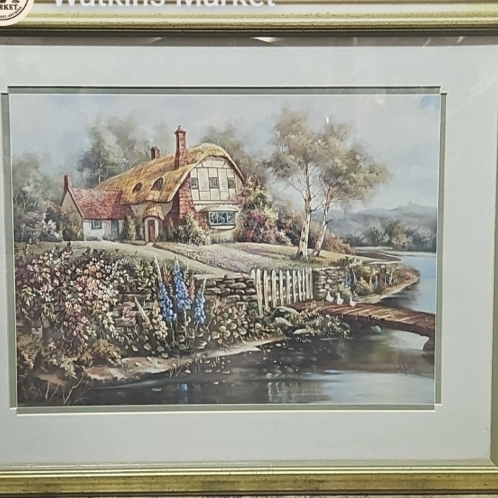 Framed Cottage Landscape Wall Art - Pastel Blue and Cream
